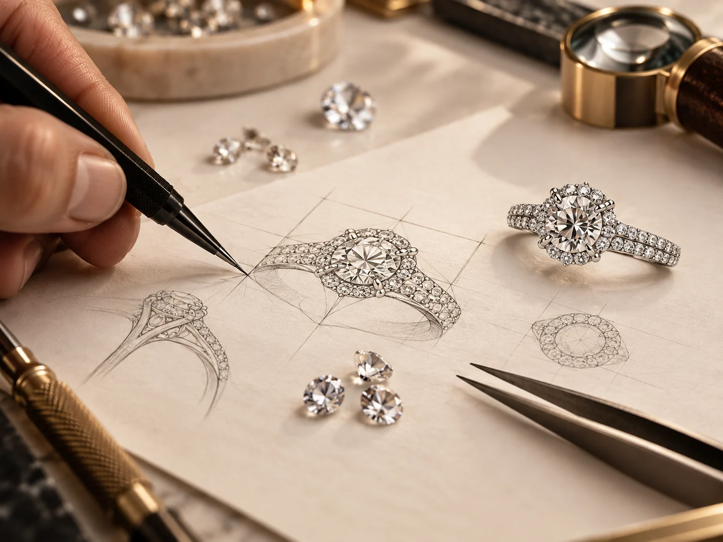 A bespoke diamond ring being designed